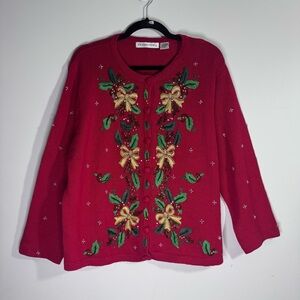 Victoria Jones XL Red Christmas Cardigan Embroidered Beaded Holly Bow Grannycore